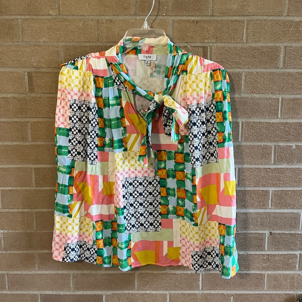 Fate Multicolor Patchwork Blouse With Bow - image 2